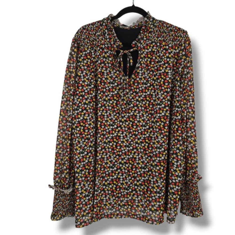 Suzanne Betro Womens Black Ditsy Floral Mesh Blouse Smocked Ruffle Tie Neck Top
